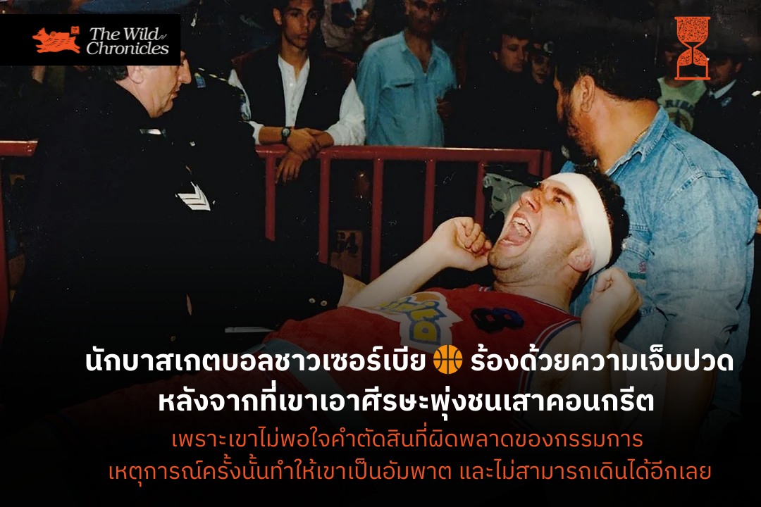 นักบาสเกตบอลชาวเซอร์เบีย ร้องด้วยความเจ็บปวด หลังจากที่เขาเอาศีรษะพุ่งชนเสาคอนกรีตเพราะเขาไม่พอใจคำตัดสินที่ผิดพลาดของกรรมการ เหตุการณ์ครั้งนั้นทำให้เขาเป็นอัมพาต และไม่สามารถเดินได้อีกเลย
